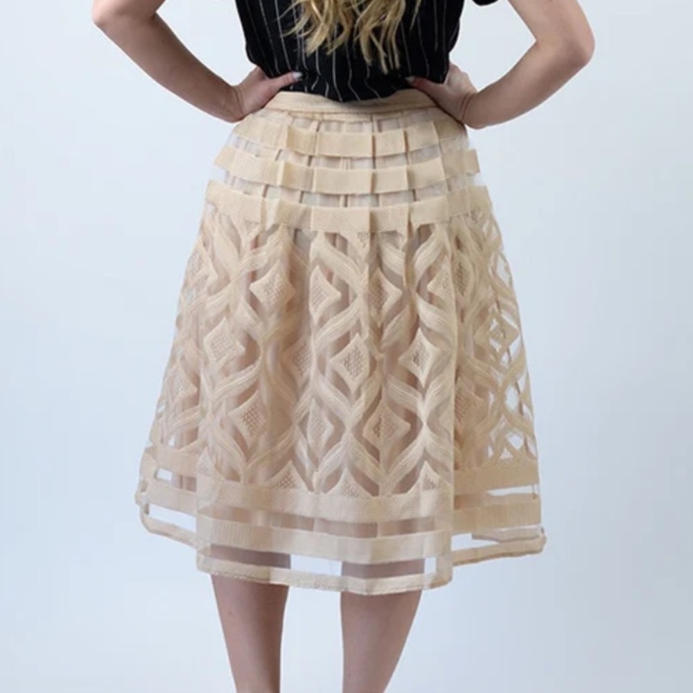 Tan A-Line Patterned Midi Skirt